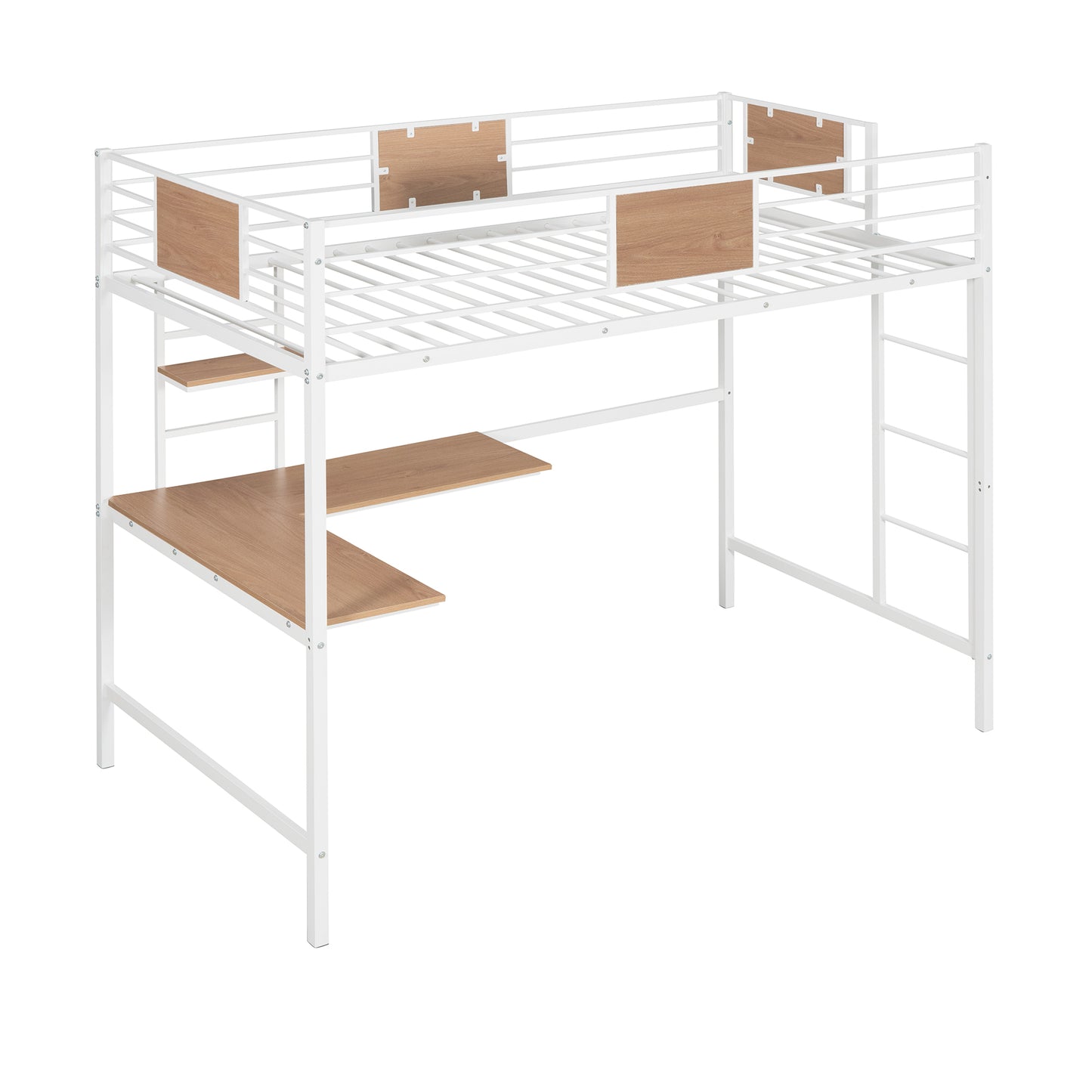 White metal loft bed with desk and wood accents for spacesaving