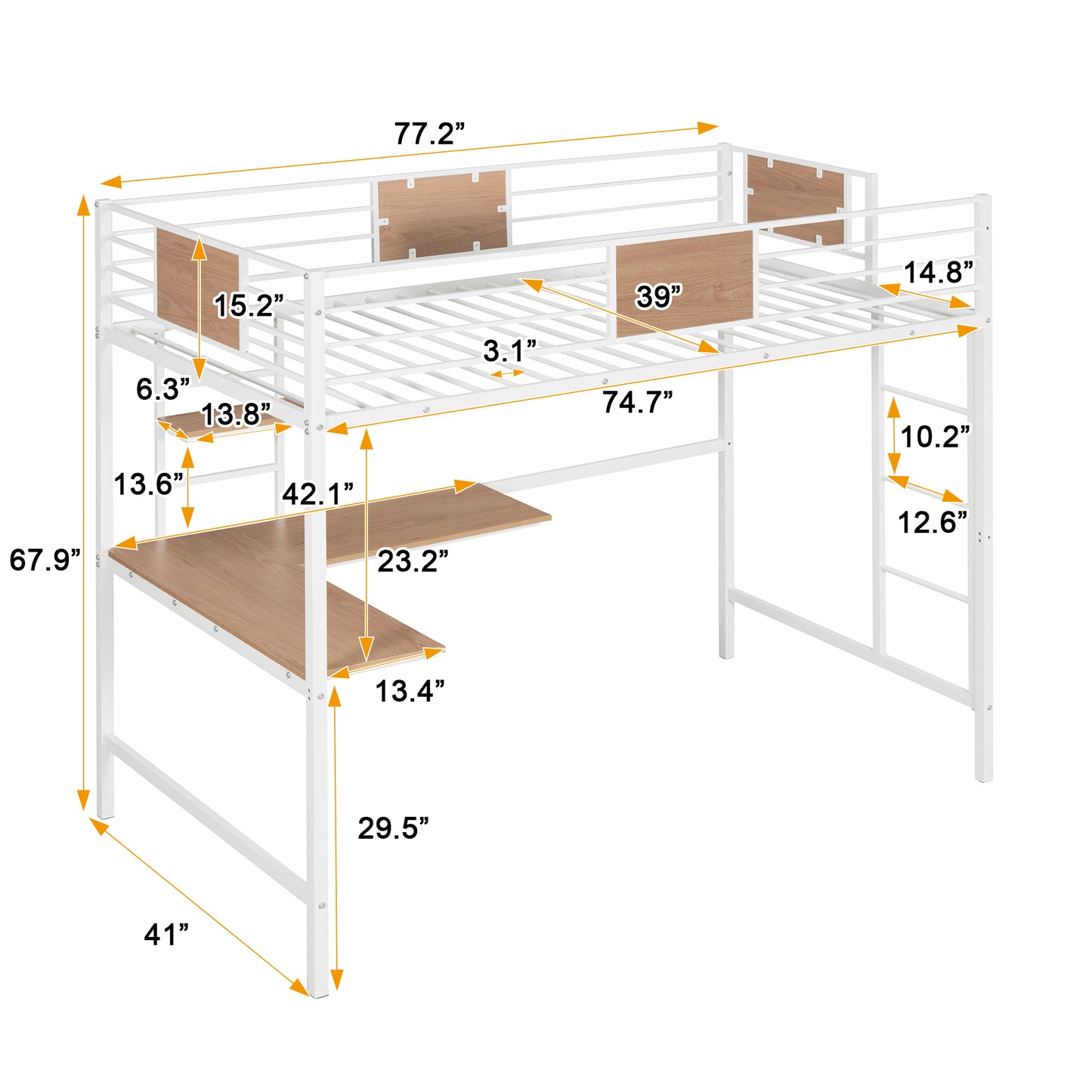 White metal loft bed with integrated desk and wooden accents
