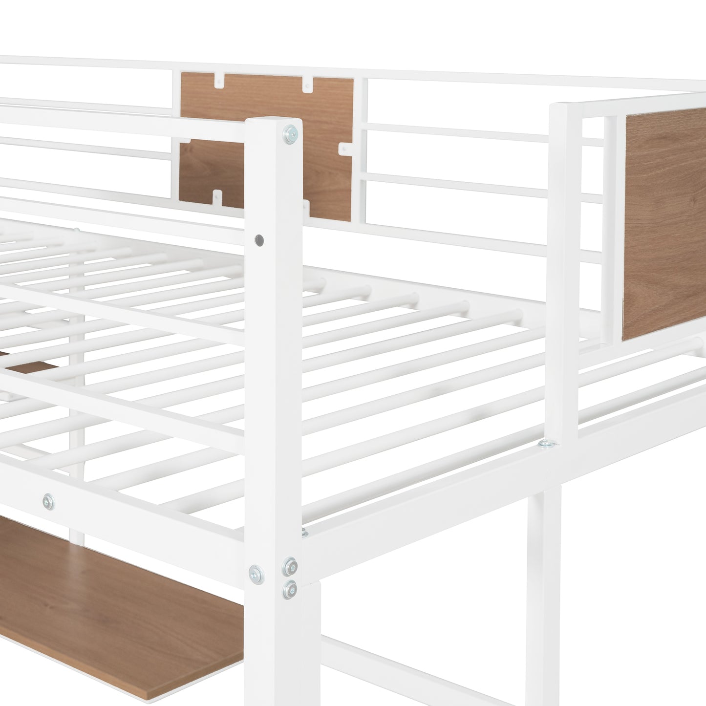 White metal loft bed frame with wood accents slatted base and desk surface