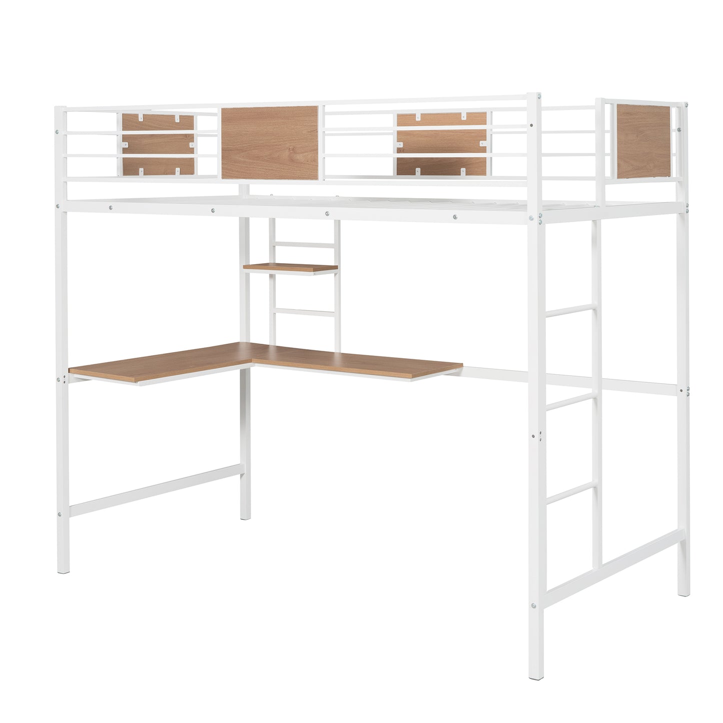 White metal loft bed with desk and wood accents