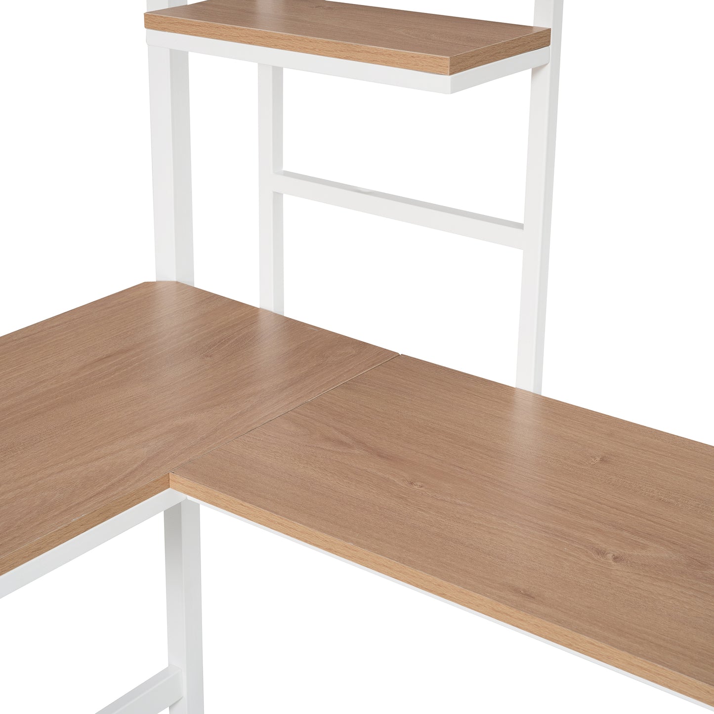 Corner desk with light oak finish and white metal frame perfect for modern home offices