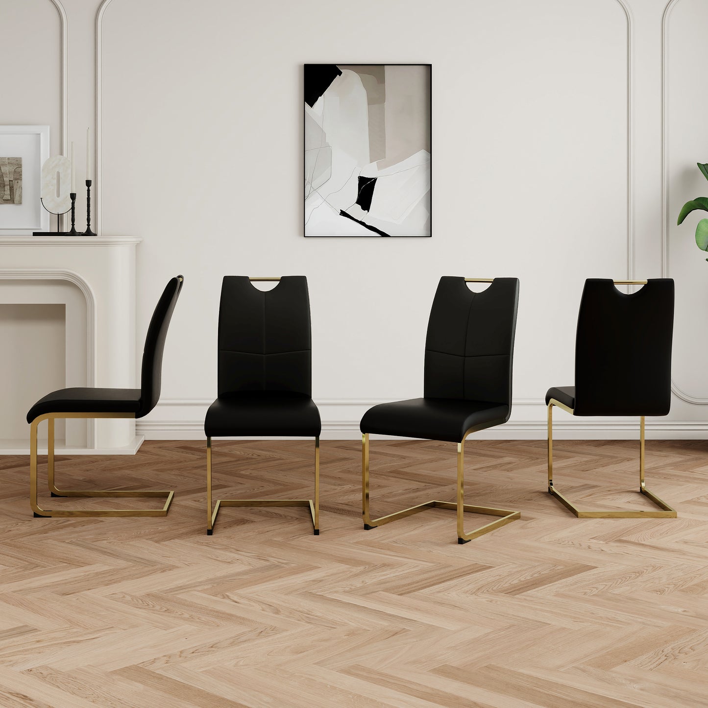 Black upholstered dining chair with gold sled legs