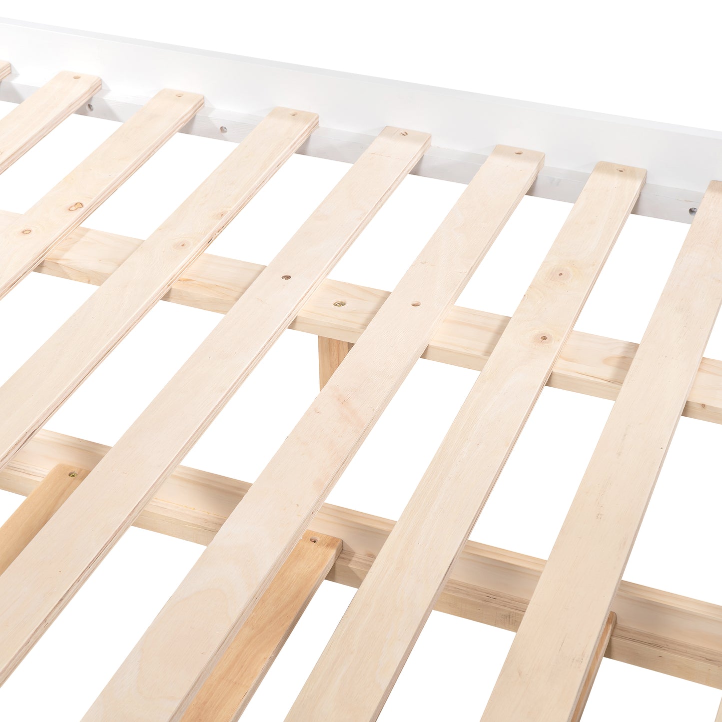 Closeup of wooden bed slats supporting a mattress base