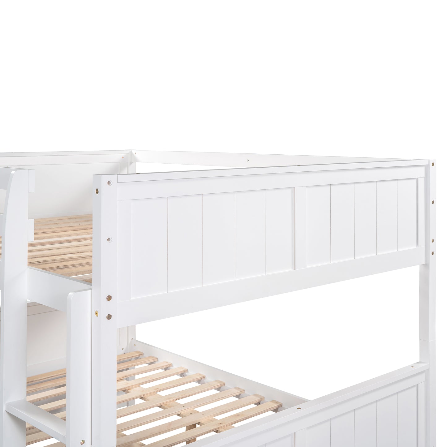White wooden bunk bed frame with slatted base for kids