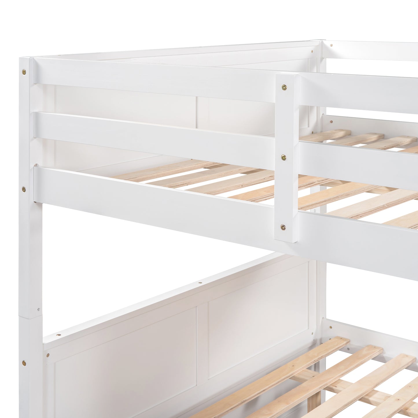 White wooden bunk bed frame with slatted base