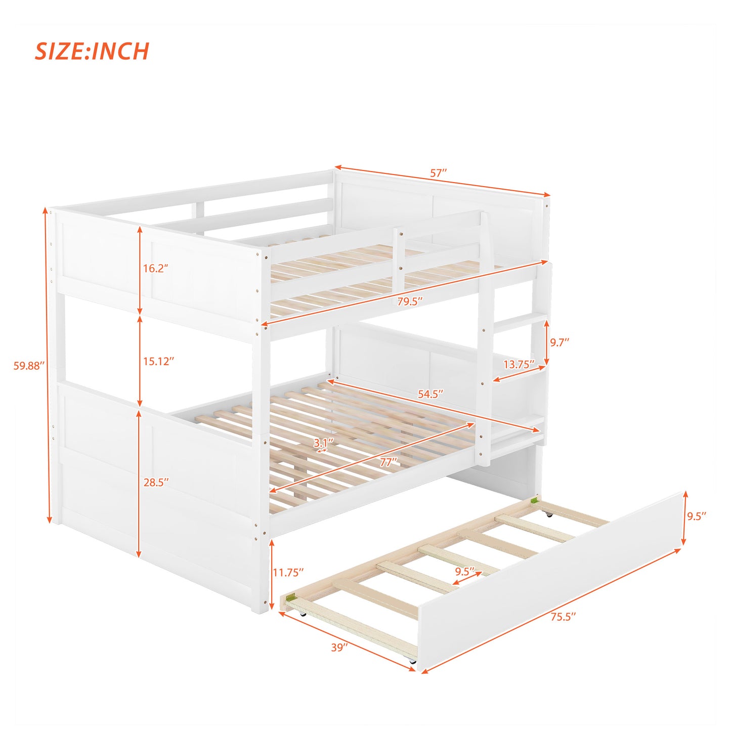 White wooden triple bunk bed with pullout trundle