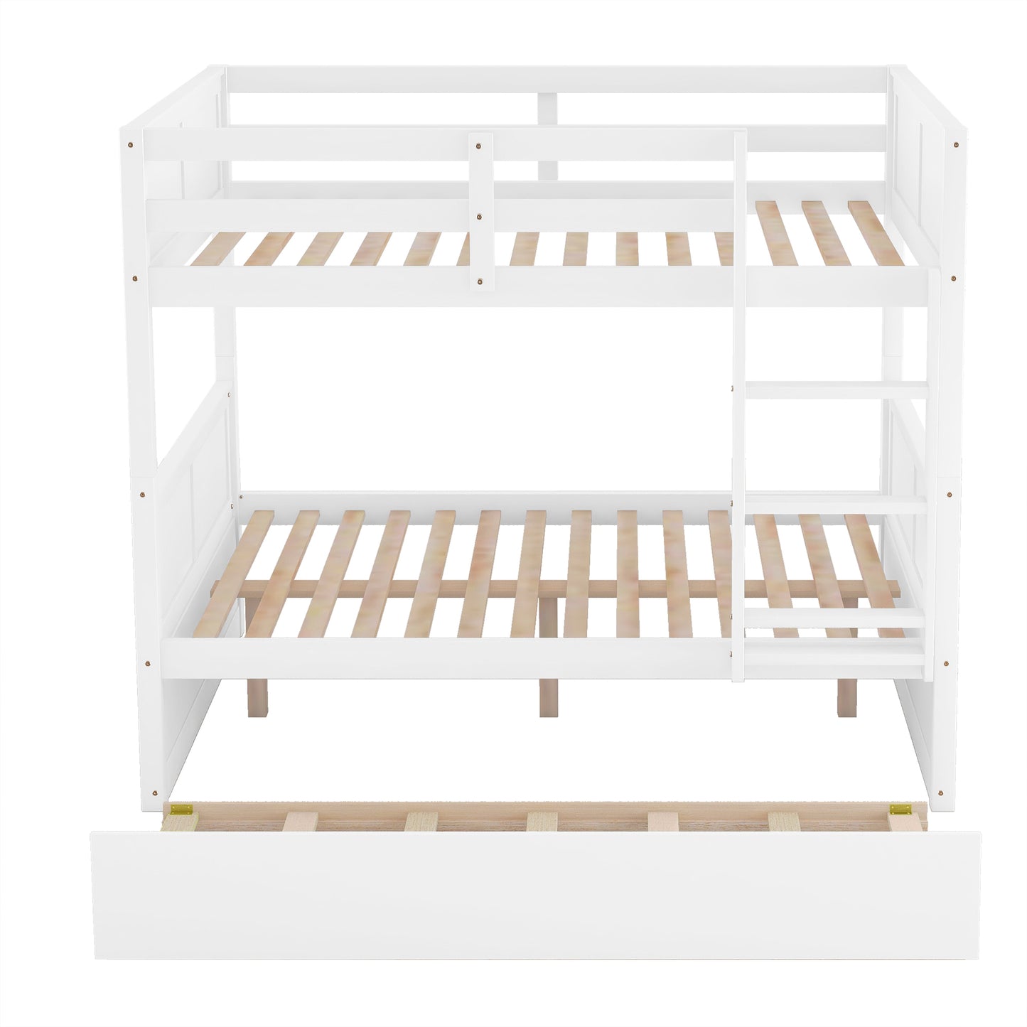 White wooden twin over twin bunk bed with pullout trundle