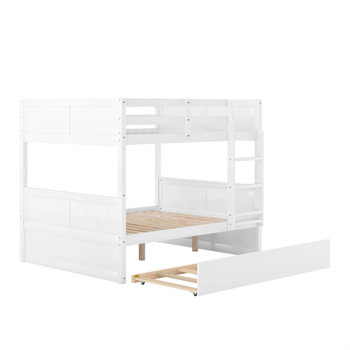 White wooden triple bunk bed with pullout trundle for kids
