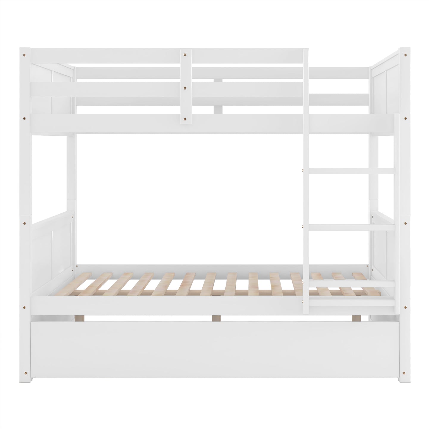 White wooden bunk bed with ladder and slatted base