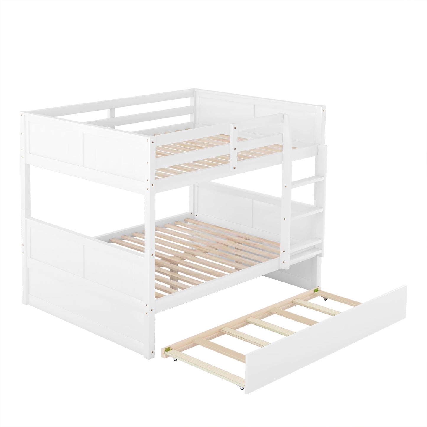 White wooden bunk bed with pullout trundle
