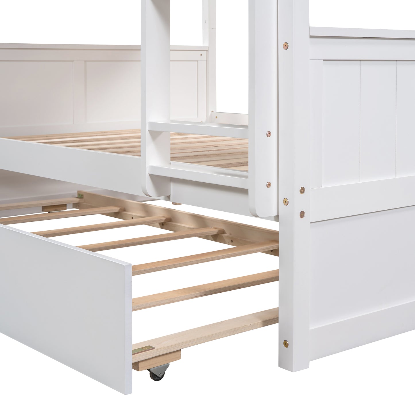 White wooden bunk bed frame with pullout trundle and slatted support
