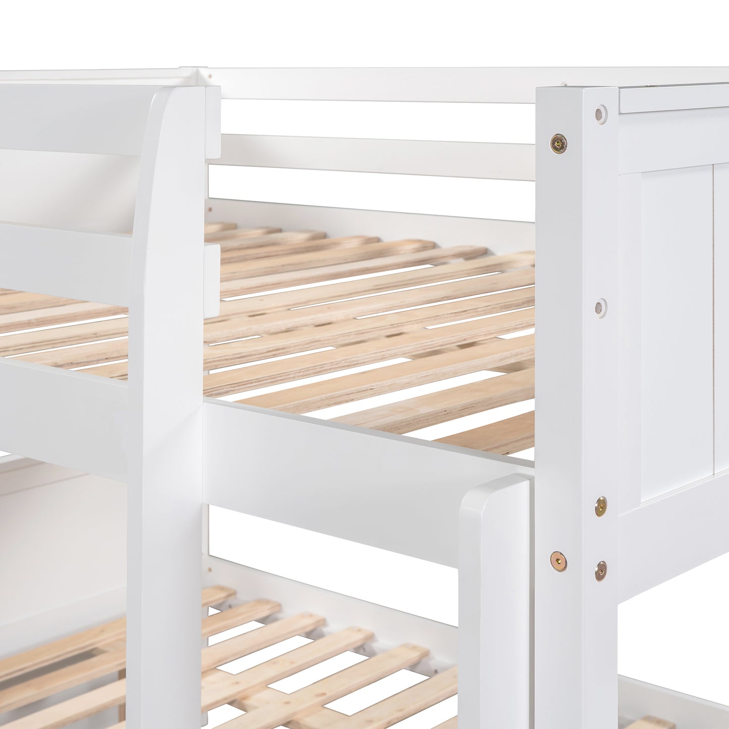 Closeup of white wooden bunk bed frame with visible slats and construction hardware