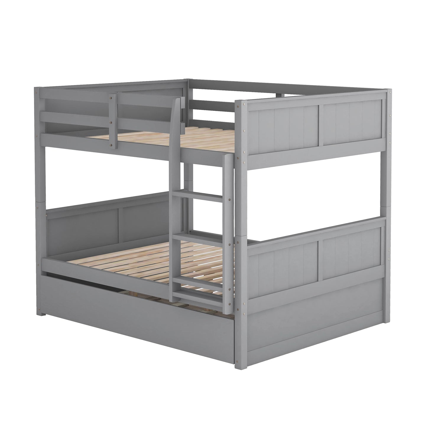 Gray wooden twin over twin bunk bed with pullout trundle