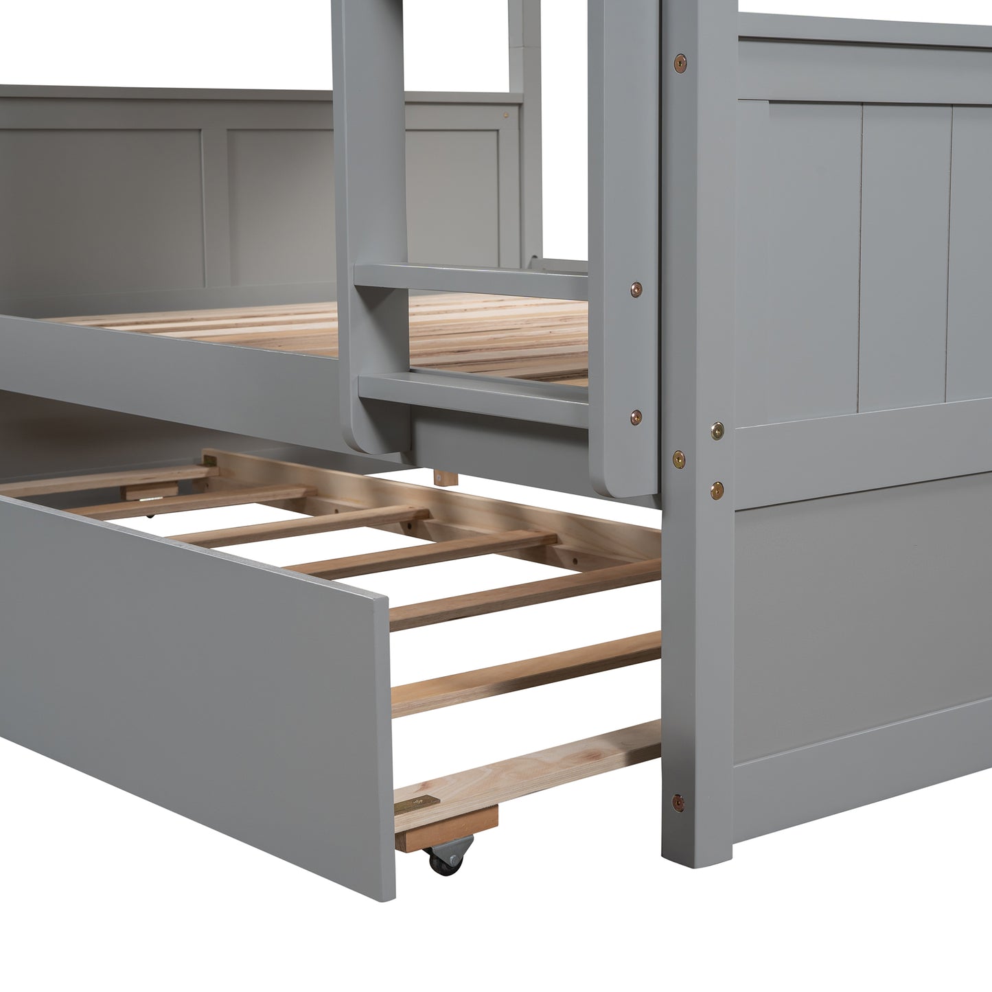 Gray wooden bunk bed frame with pullout trundle bed mechanism