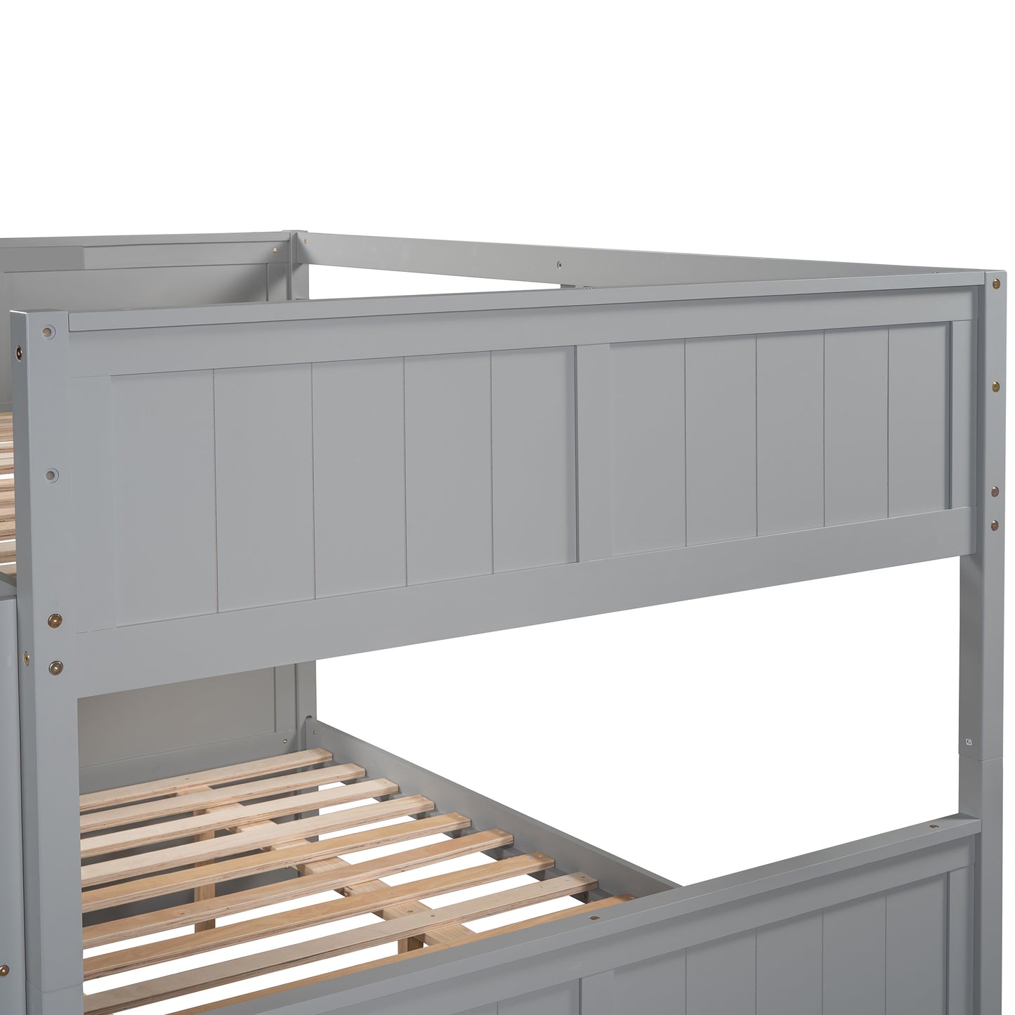 Gray wooden bunk bed with slatted base