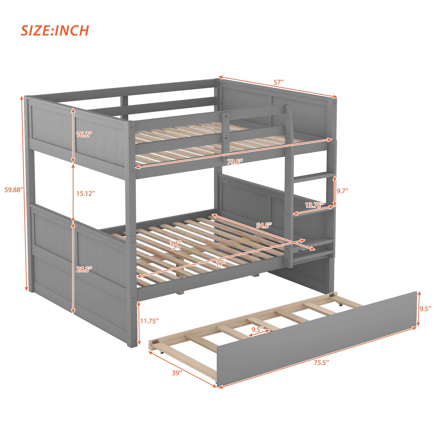 Gray twin over twin bunk bed with pullout trundle and detailed dimensions