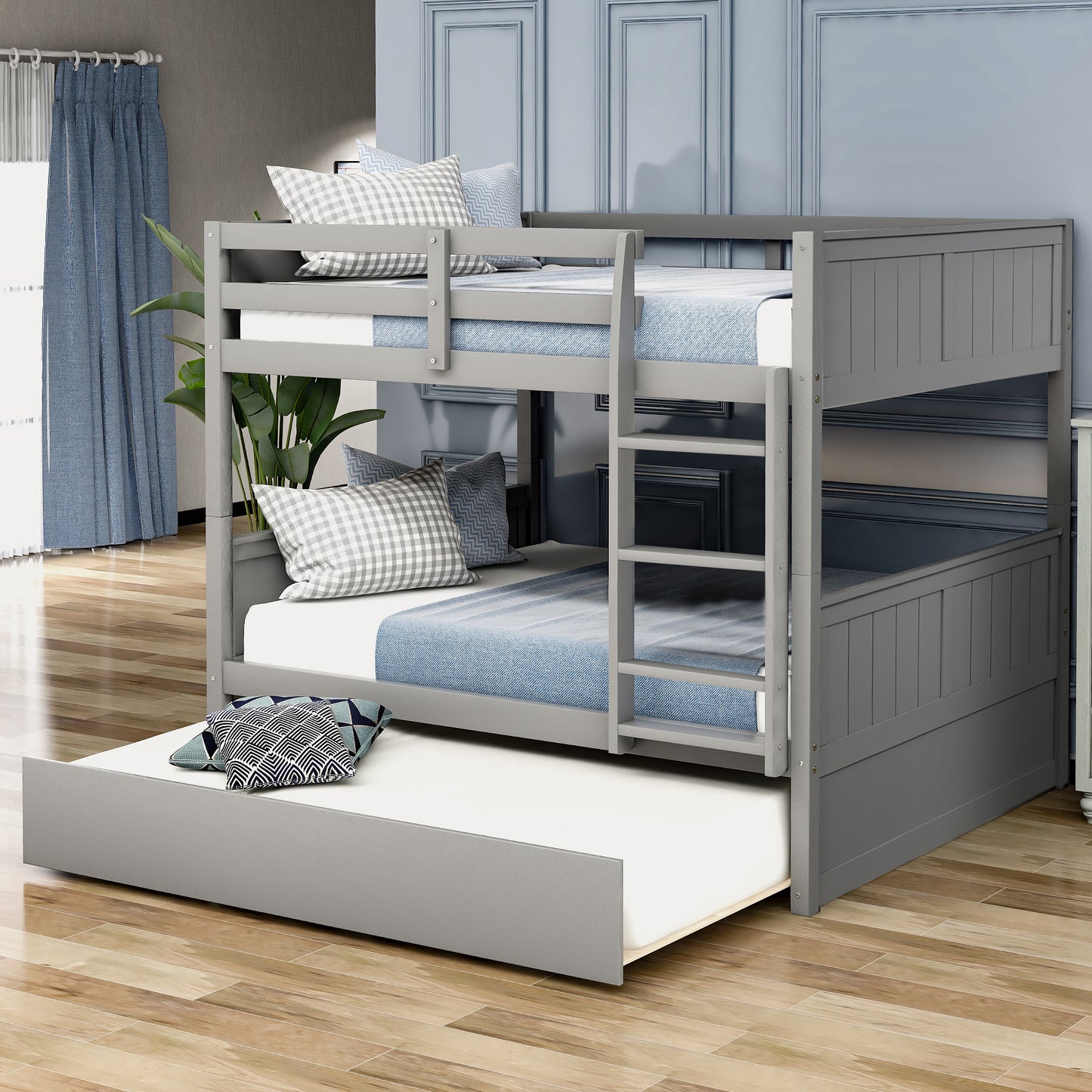 Gray wooden bunk bed with pullout trundle