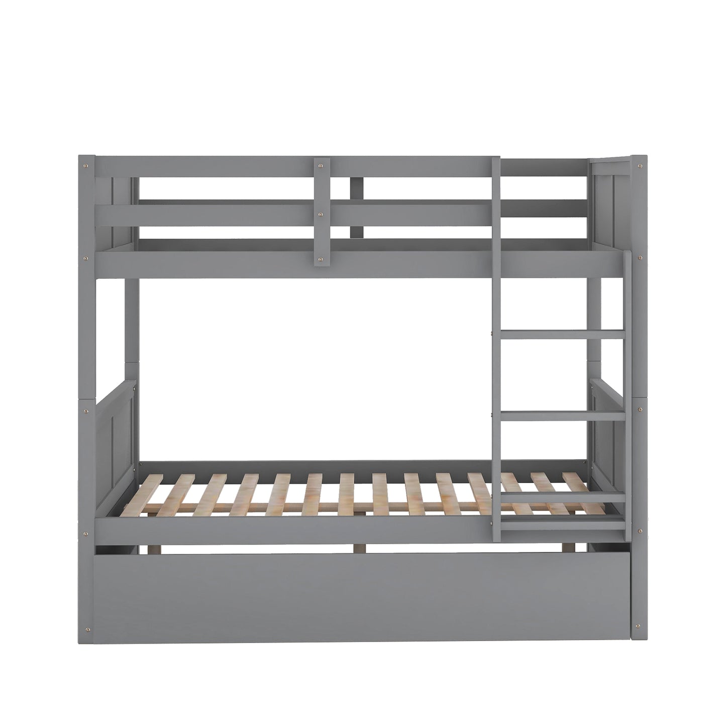 Gray wooden bunk bed with ladder and slatted bases for kids