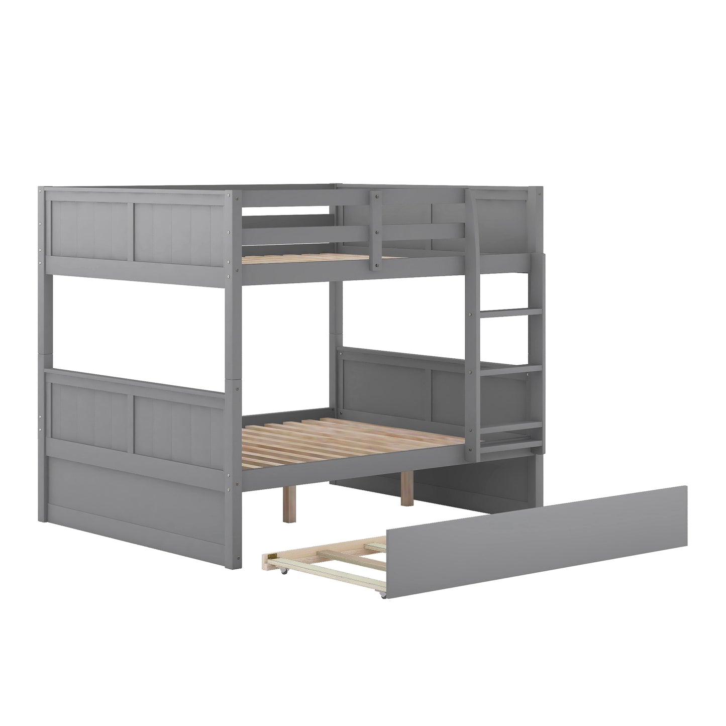 Gray wooden bunk bed with pullout trundle