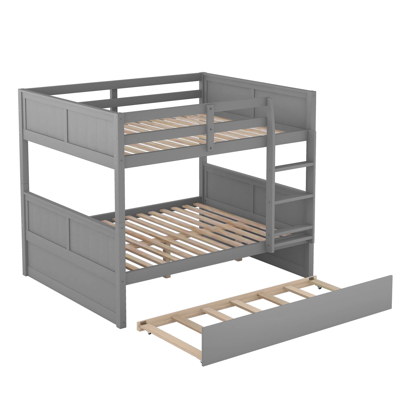 Gray wooden bunk bed with pullout trundle for kids