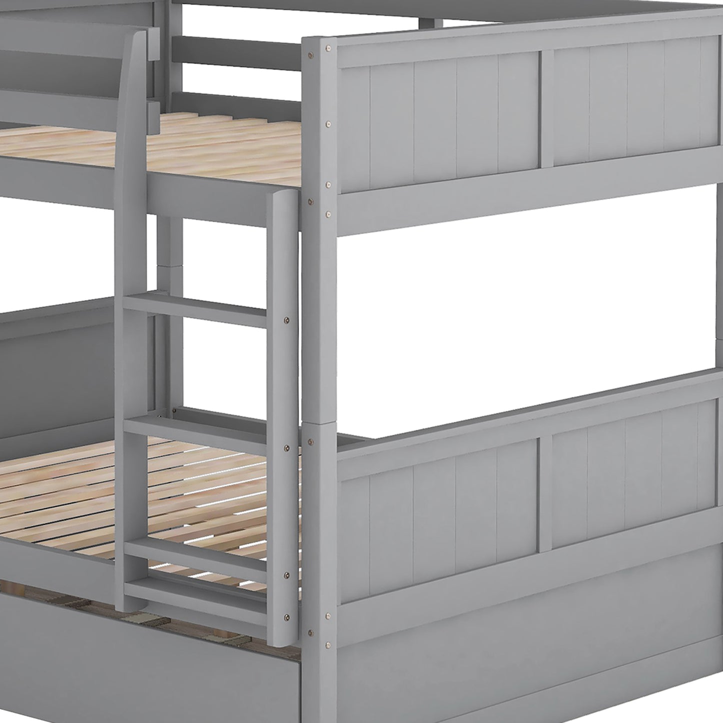 Gray wooden bunk bed with ladder and slatted base