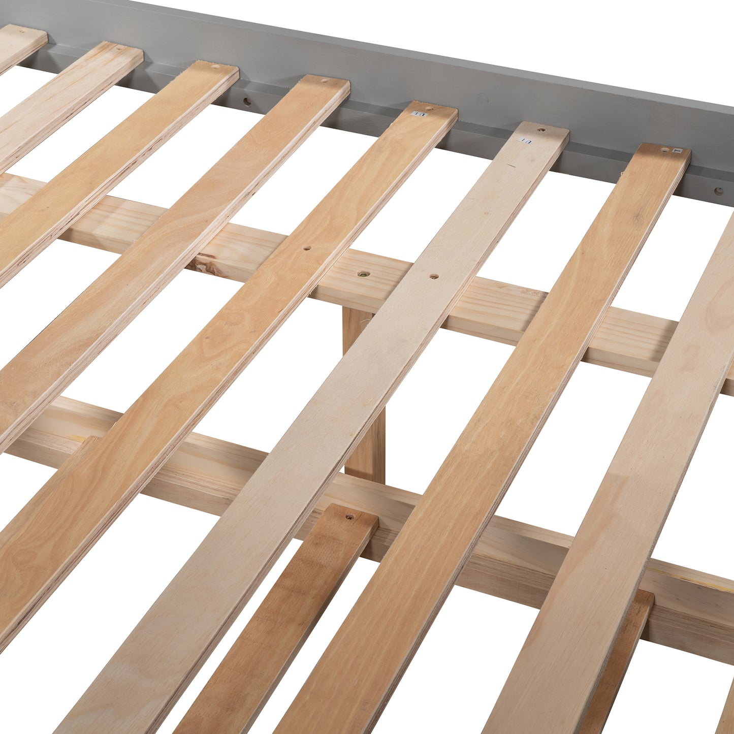 Close up of grey metal bed frame with wooden slats
