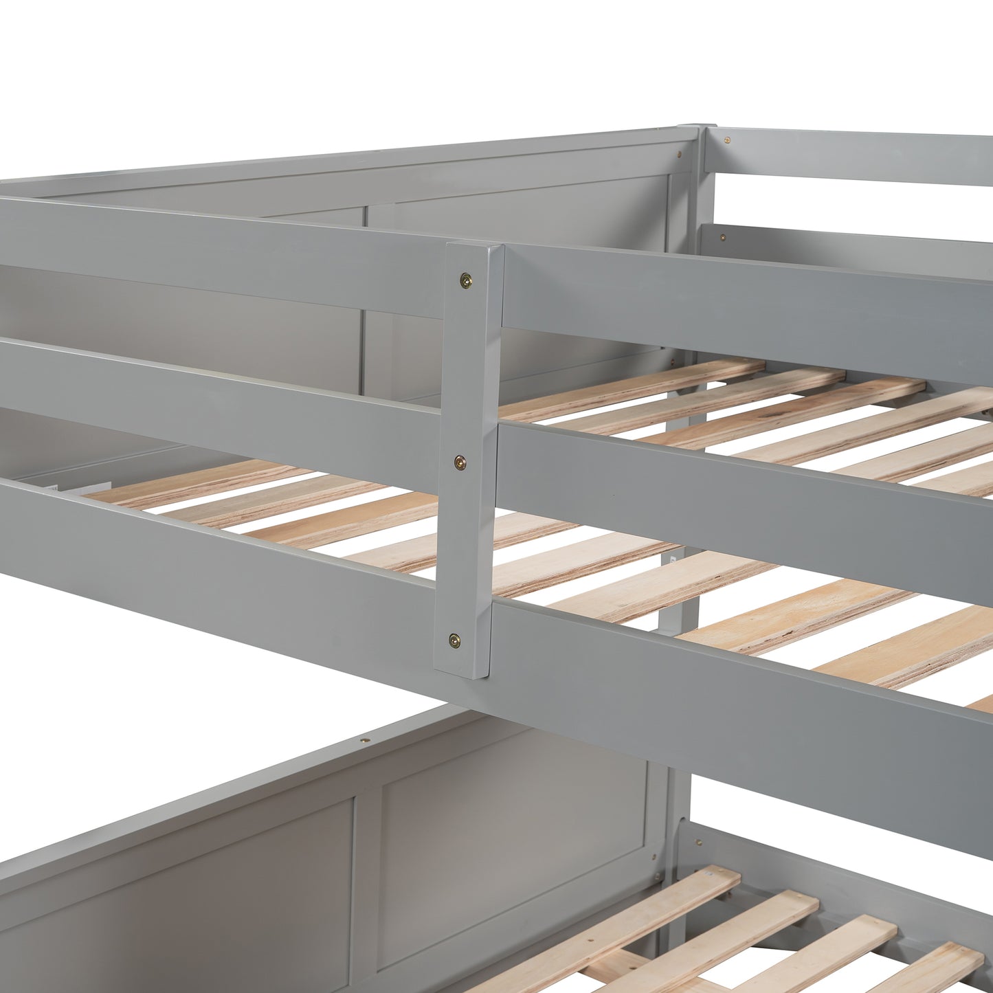 Gray wooden bunk bed frame with visible slats for mattress support characters