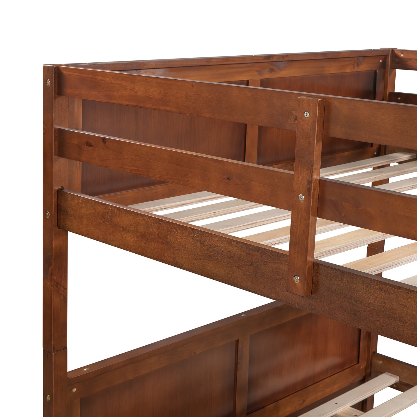 Rich brown wooden bunk bed frame with visible slats