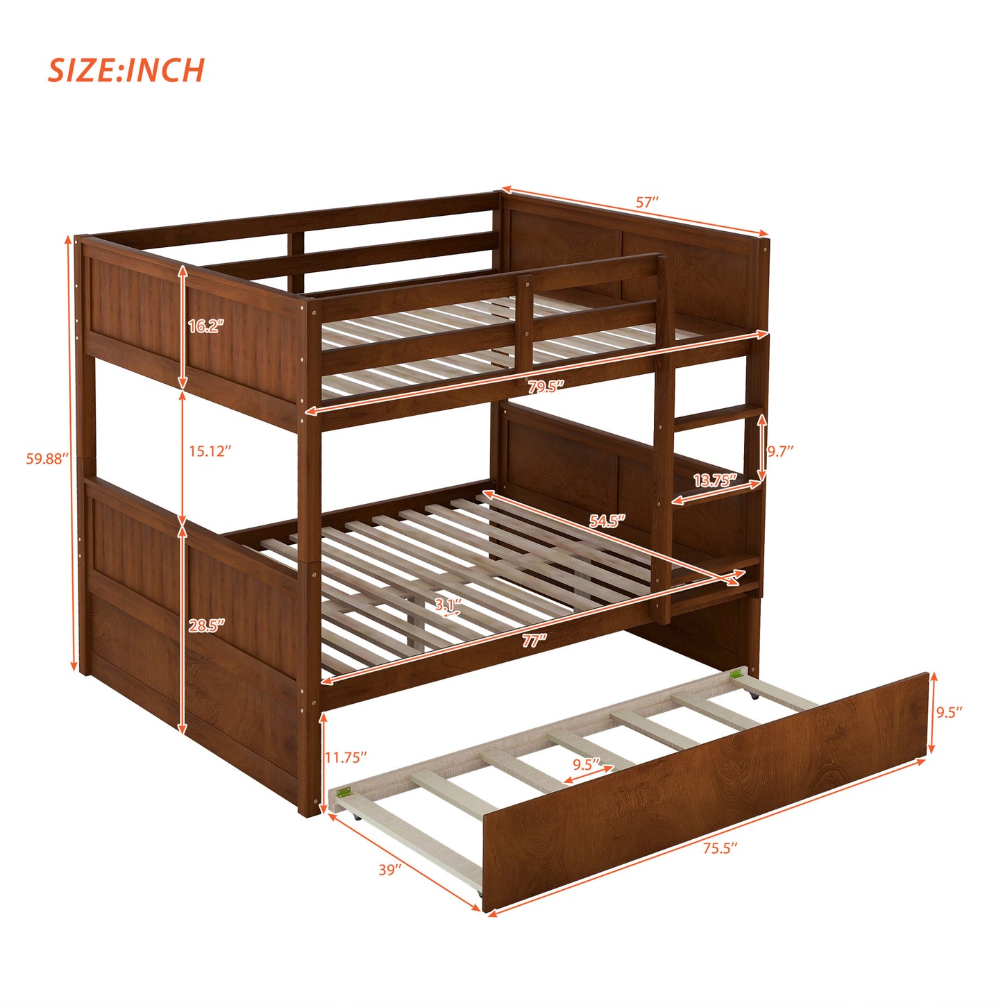 Dark walnut wood bunk bed with pullout trundle