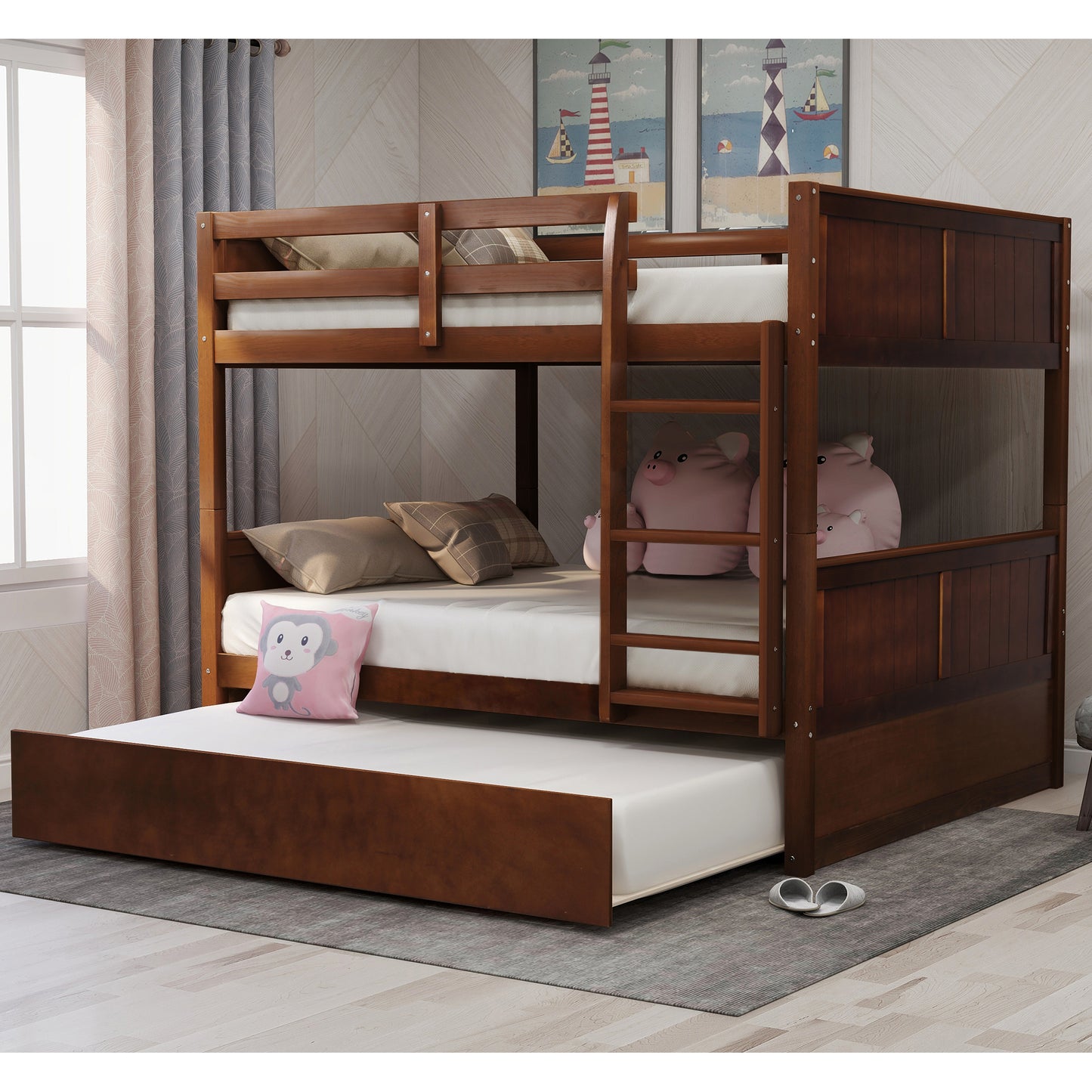 Dark brown wooden triple bunk bed with pullout trundle and plush pig pillows