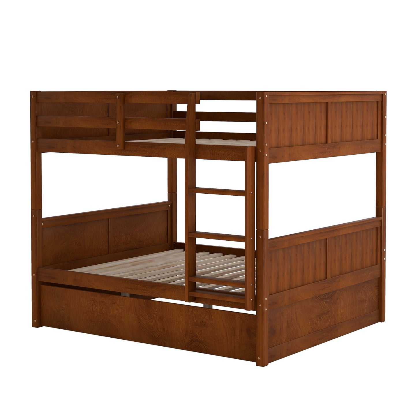Rich wood bunk bed with attached ladder and pullout trundle for kids bedroom