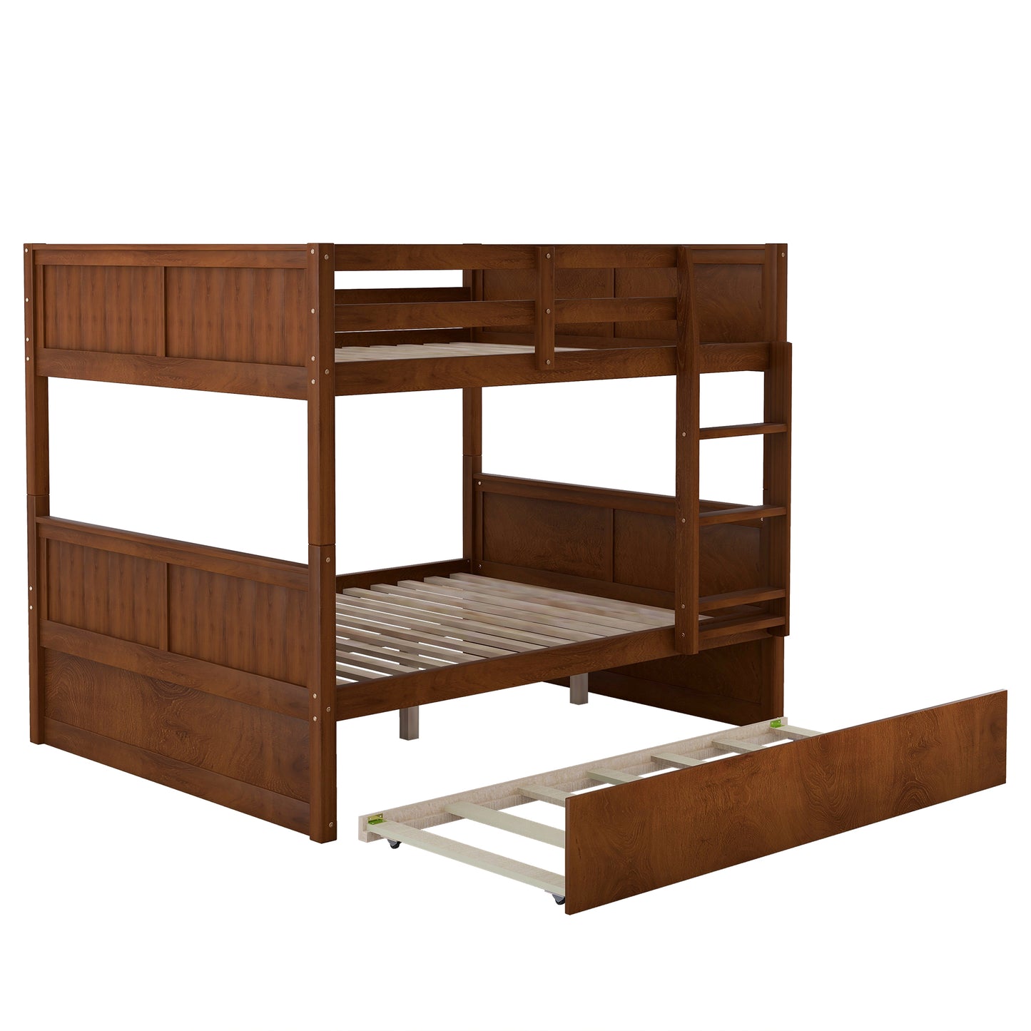 Rich brown wooden bunk bed with a pullout trundle bed for guest sleeping