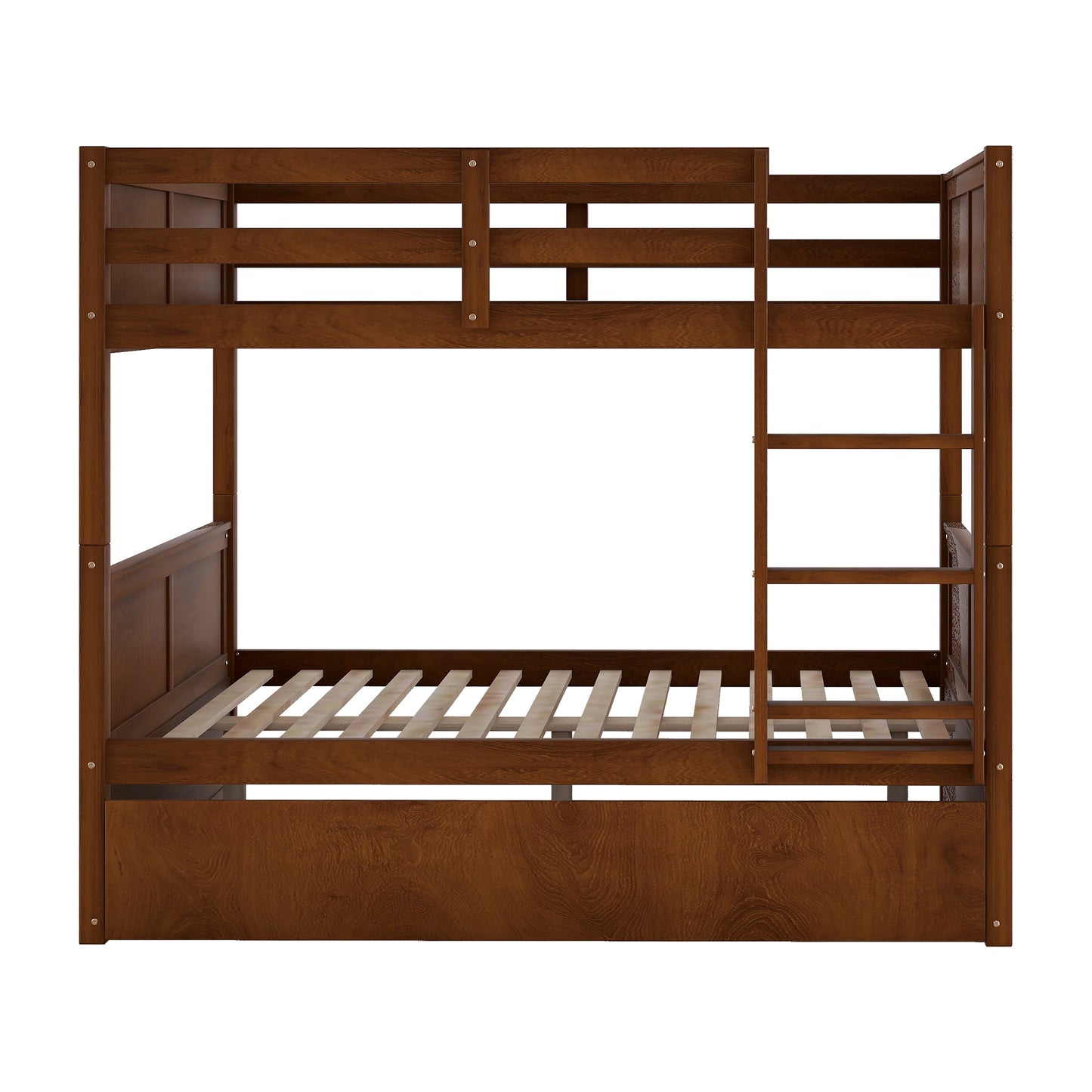 Solid wood dark brown bunk bed with ladder and slatted base