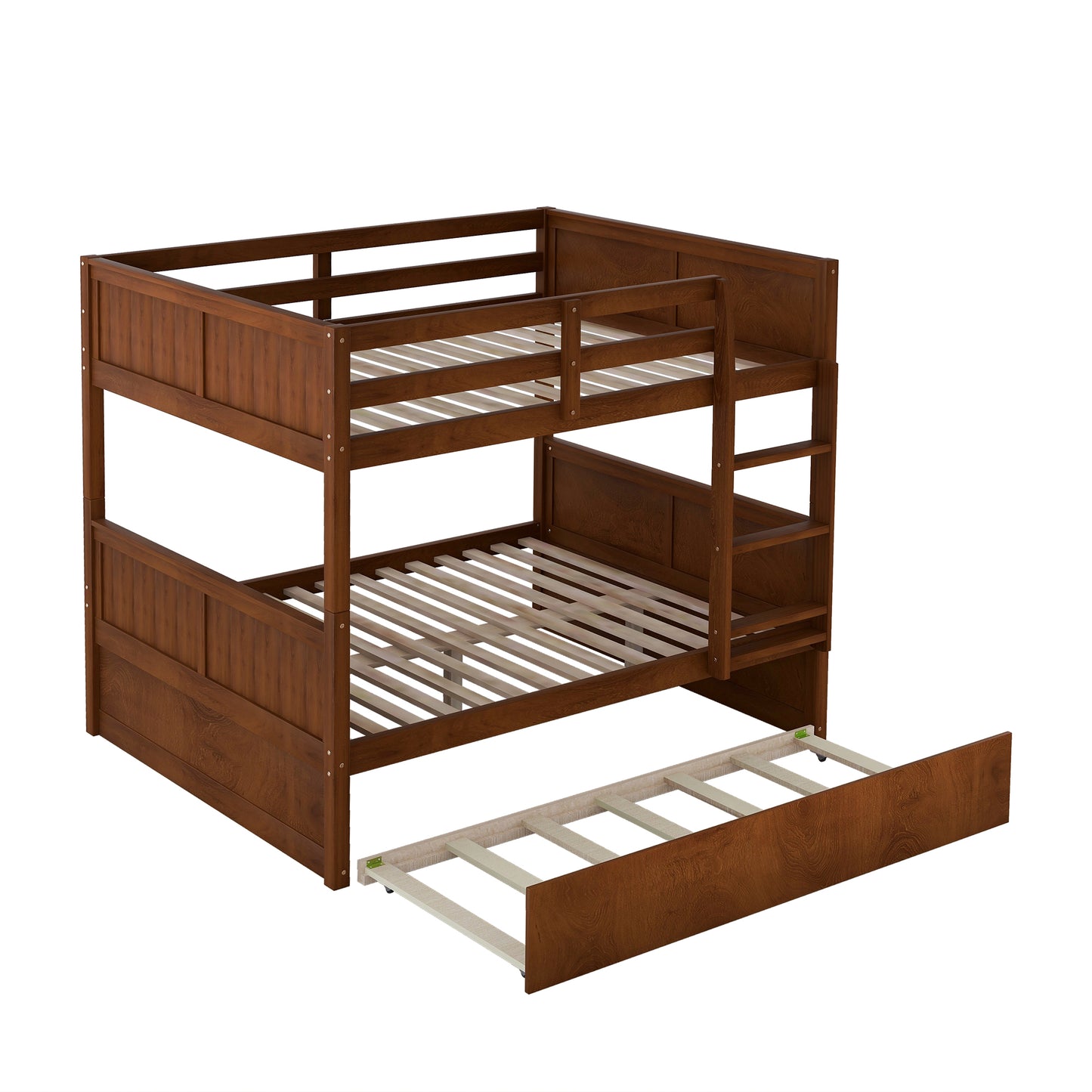Dark brown wooden bunk bed with trundle featuring safety rails and slatted mattress bases