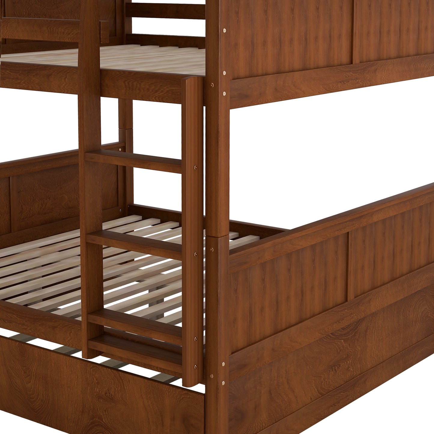 Rich brown wooden bunk bed frame with integrated ladder and slat support