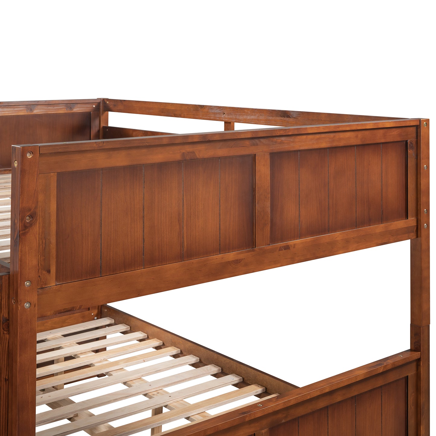 Closeup of a dark brown wooden bunk bed frame with slat support