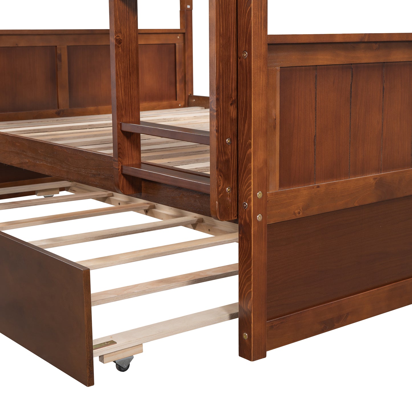 Dark brown wooden bunk bed frame with pullout trundle bed shown