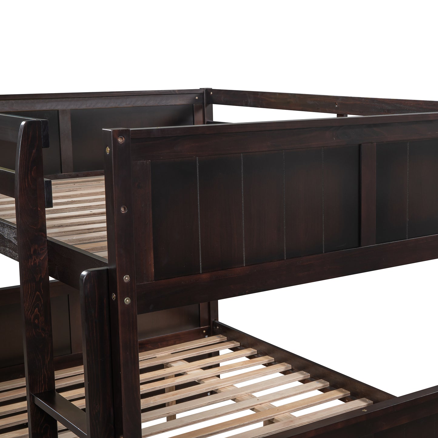 Dark brown solid wood bunk bed frame with slatted mattress support