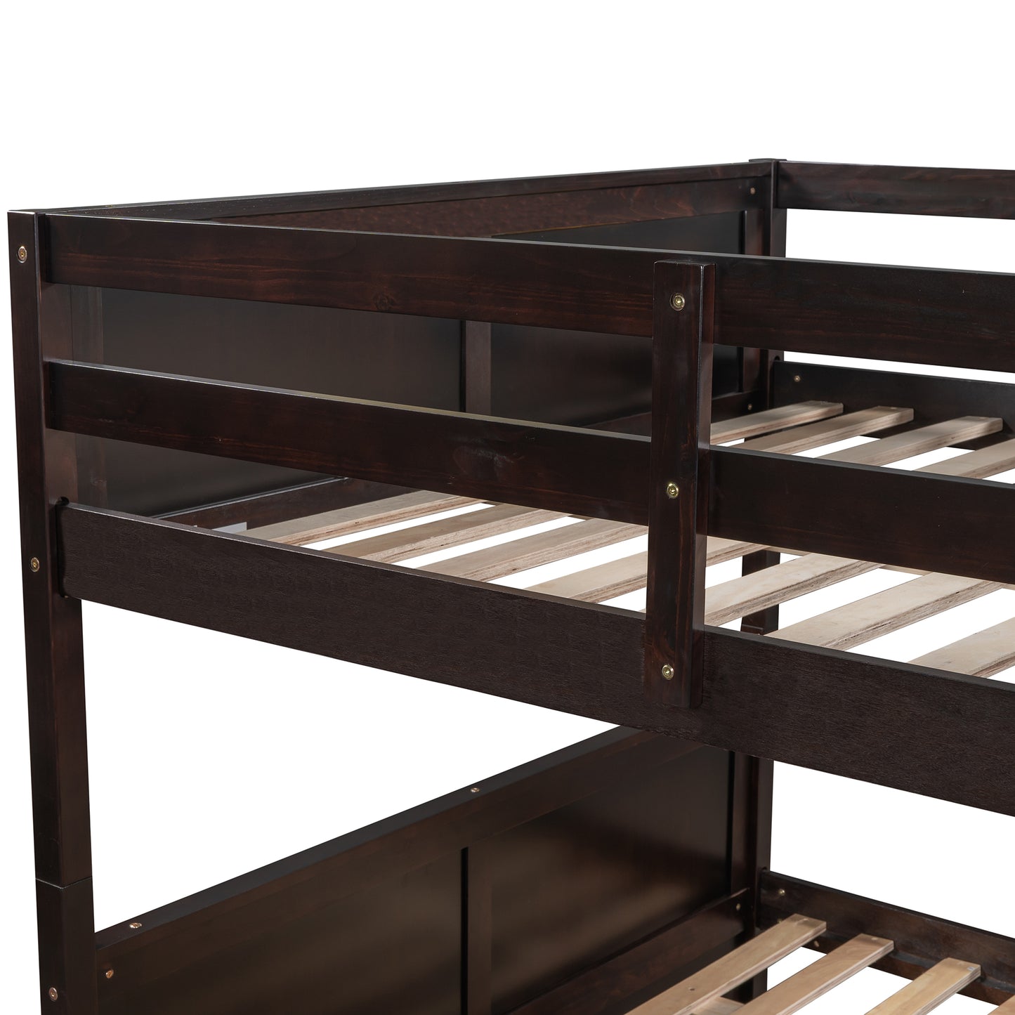 Dark espresso twin over twin bunk bed frame with wooden slats and sturdy construction