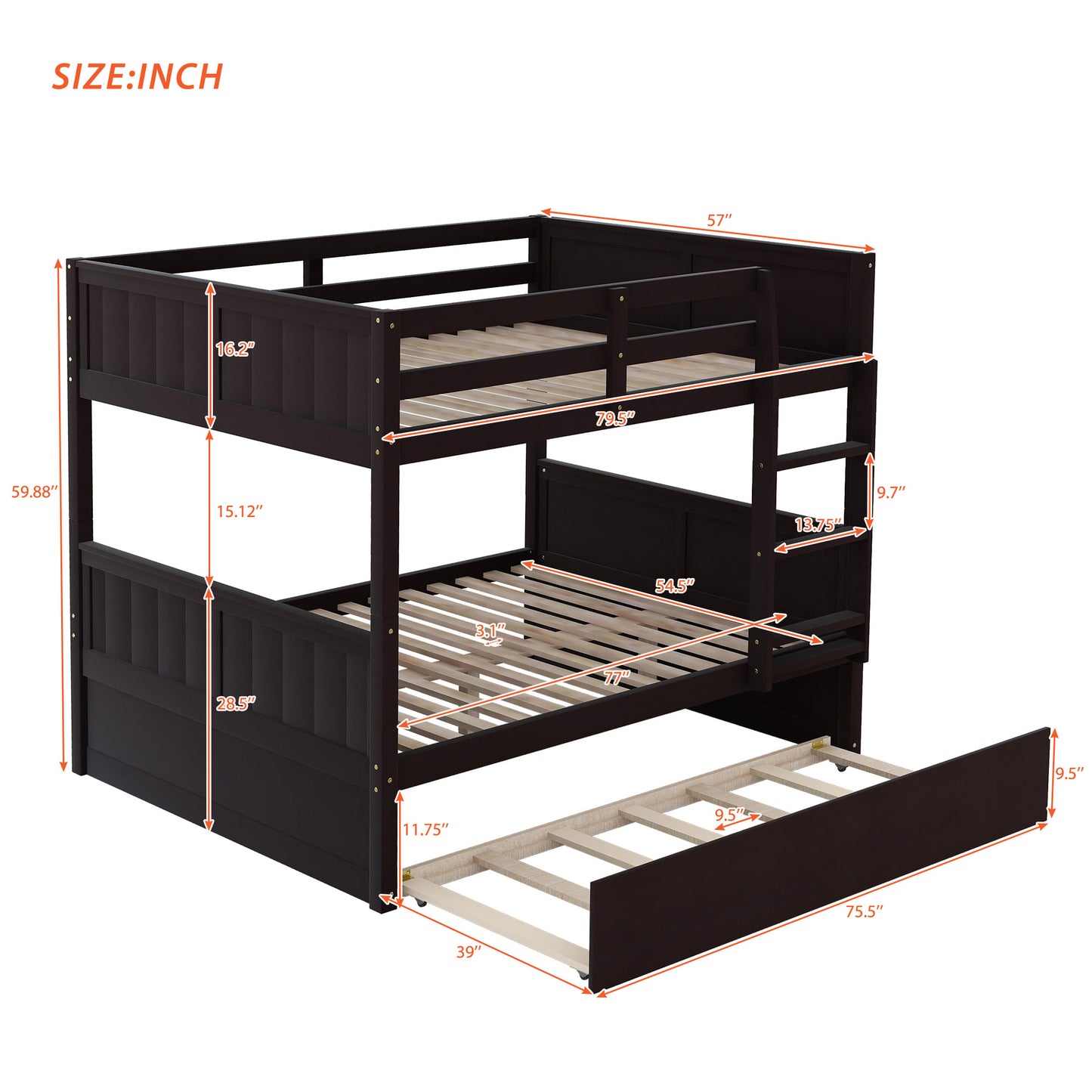 Dark brown wooden triple bunk bed with pullout trundle and precise measurements