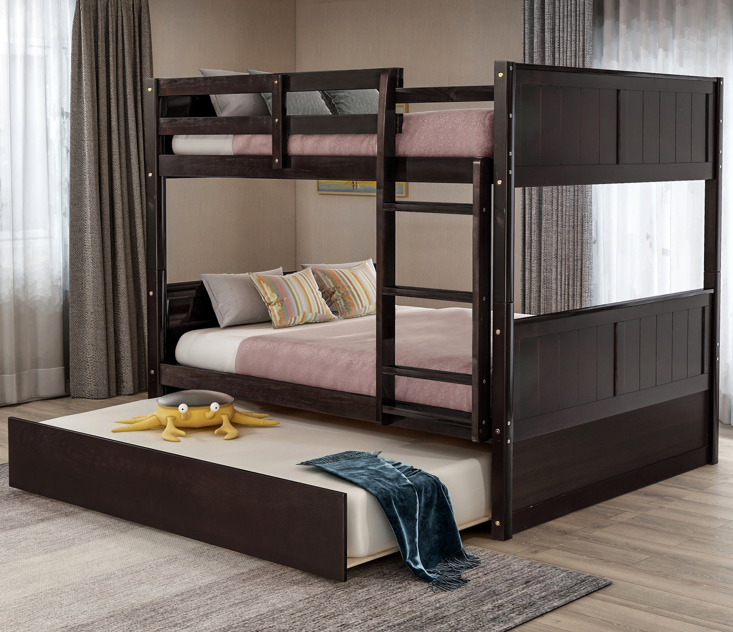Dark brown wooden bunk bed with pullout trundle perfect for kids rooms