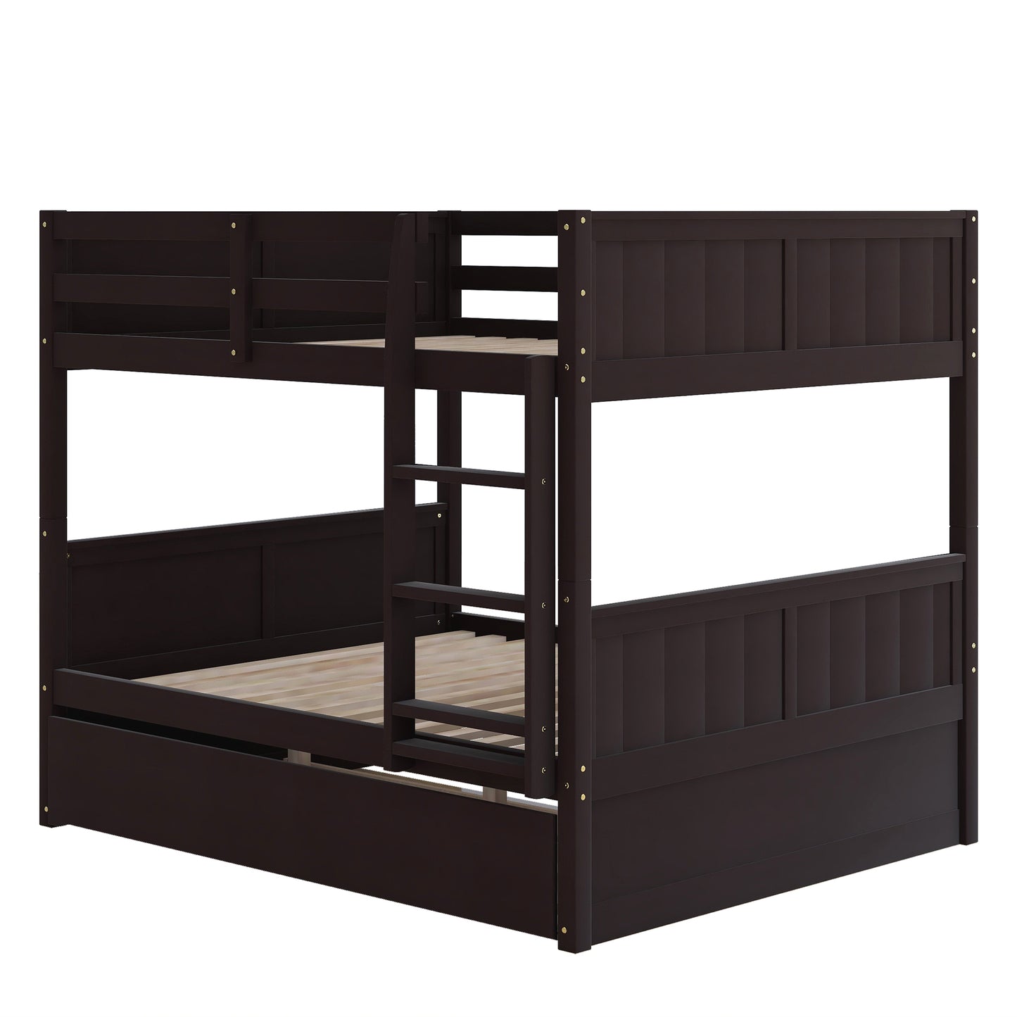 Dark brown wooden bunk bed with pullout trundle