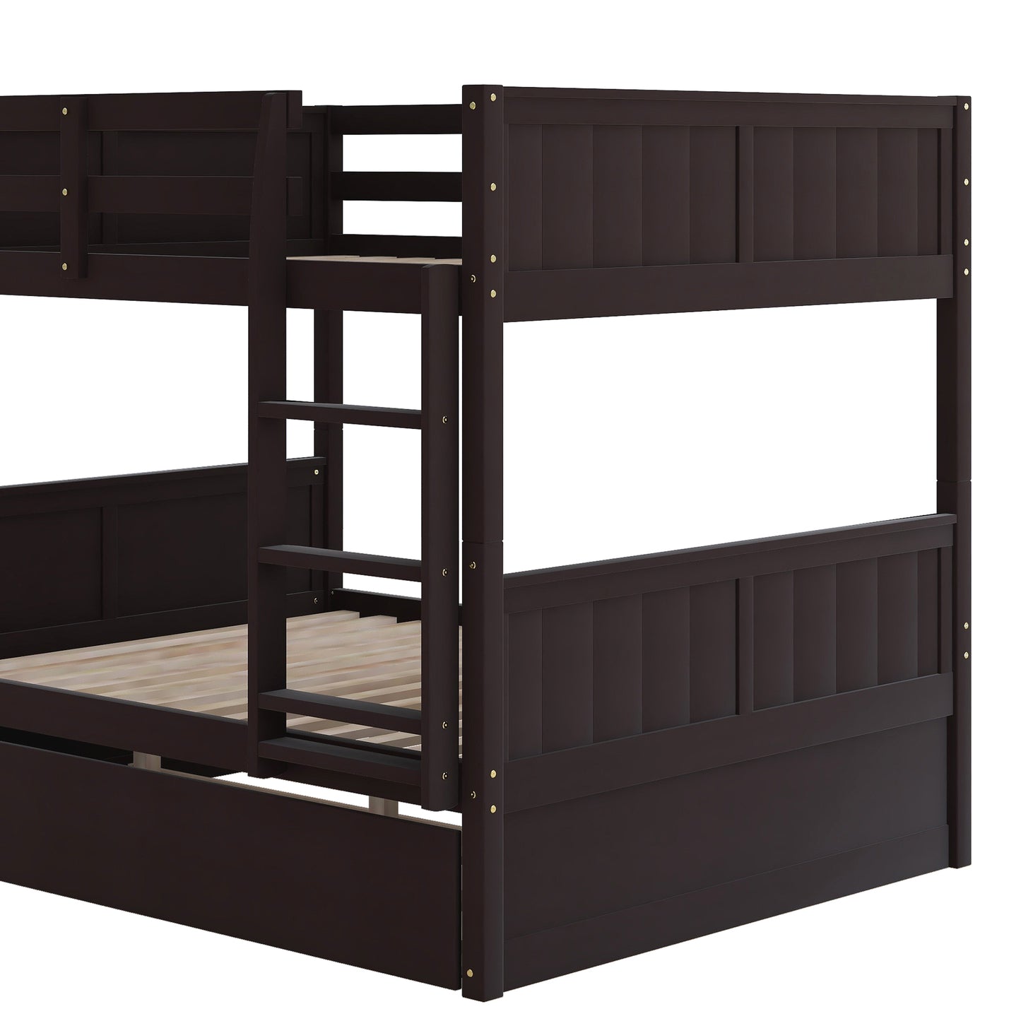 Dark brown wooden bunk bed with slatted base and safety rails