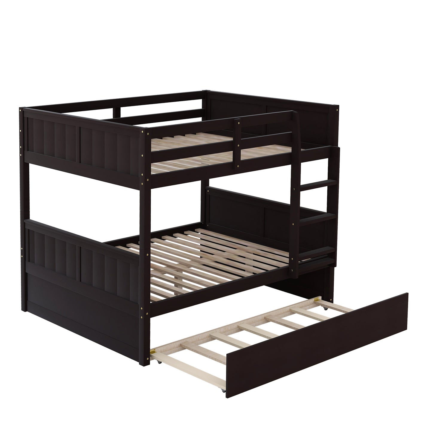 Dark brown wooden bunk bed with pullout trundle