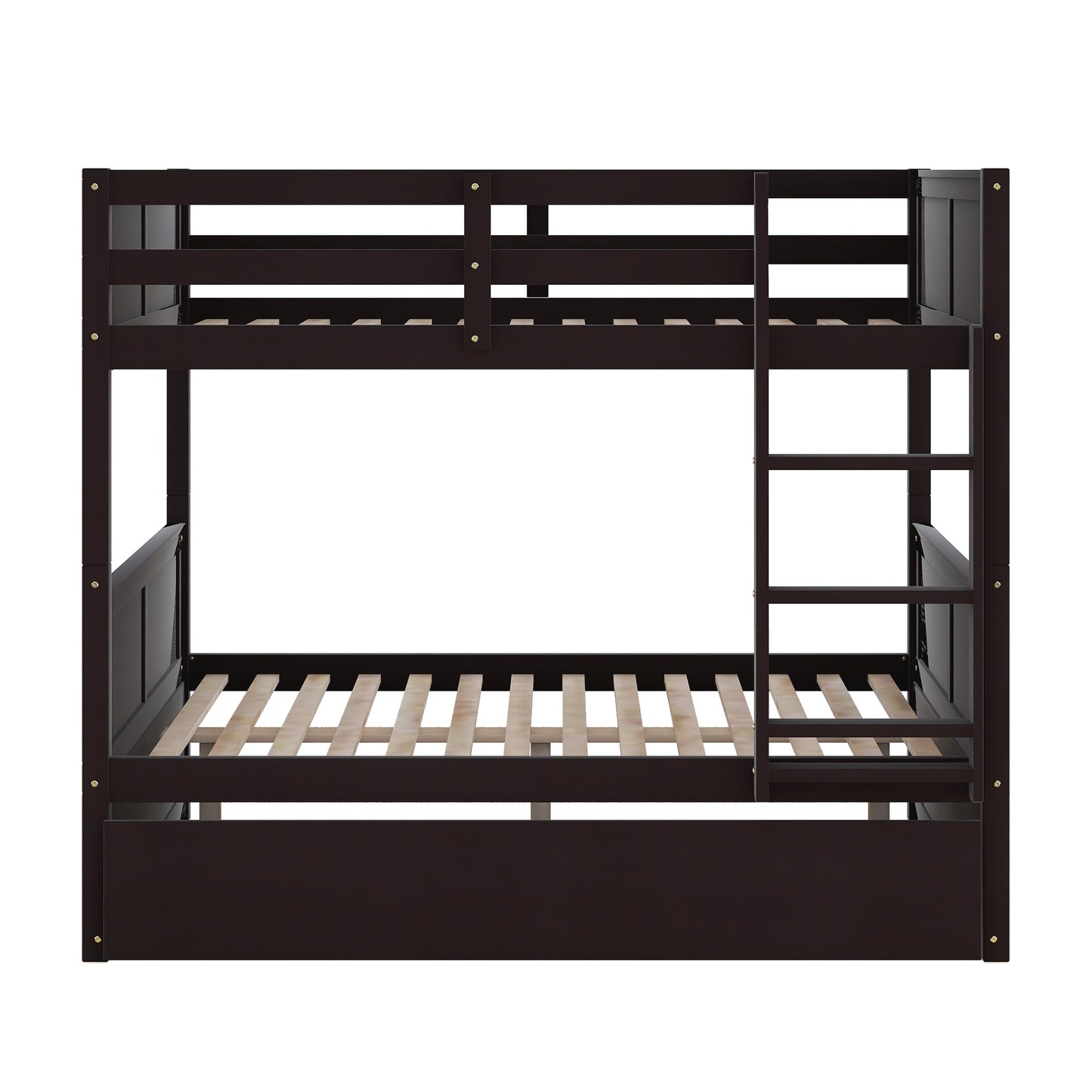Dark brown wooden bunk bed with ladder and slatted bases