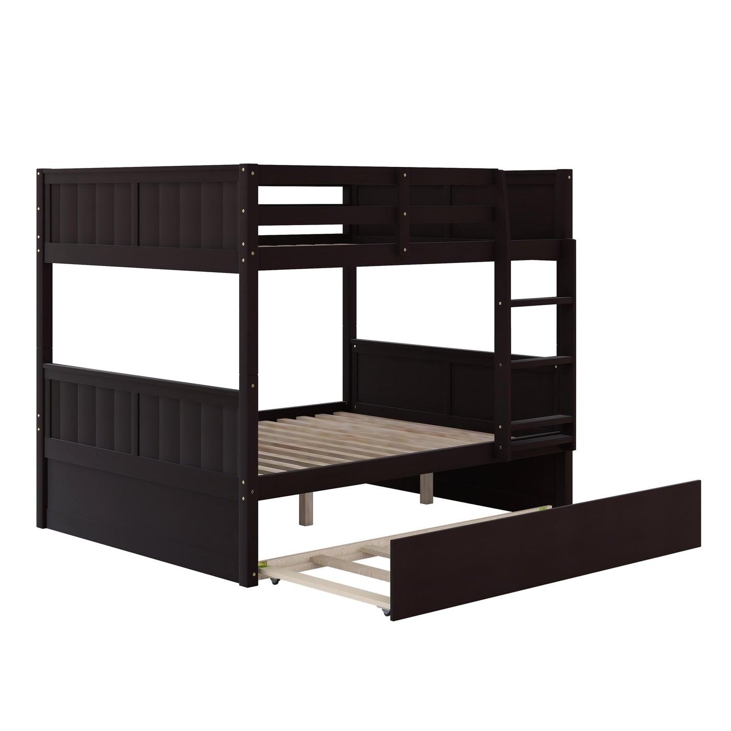 Dark brown wooden twin bunk bed with pullout trundle and slatted mattress support