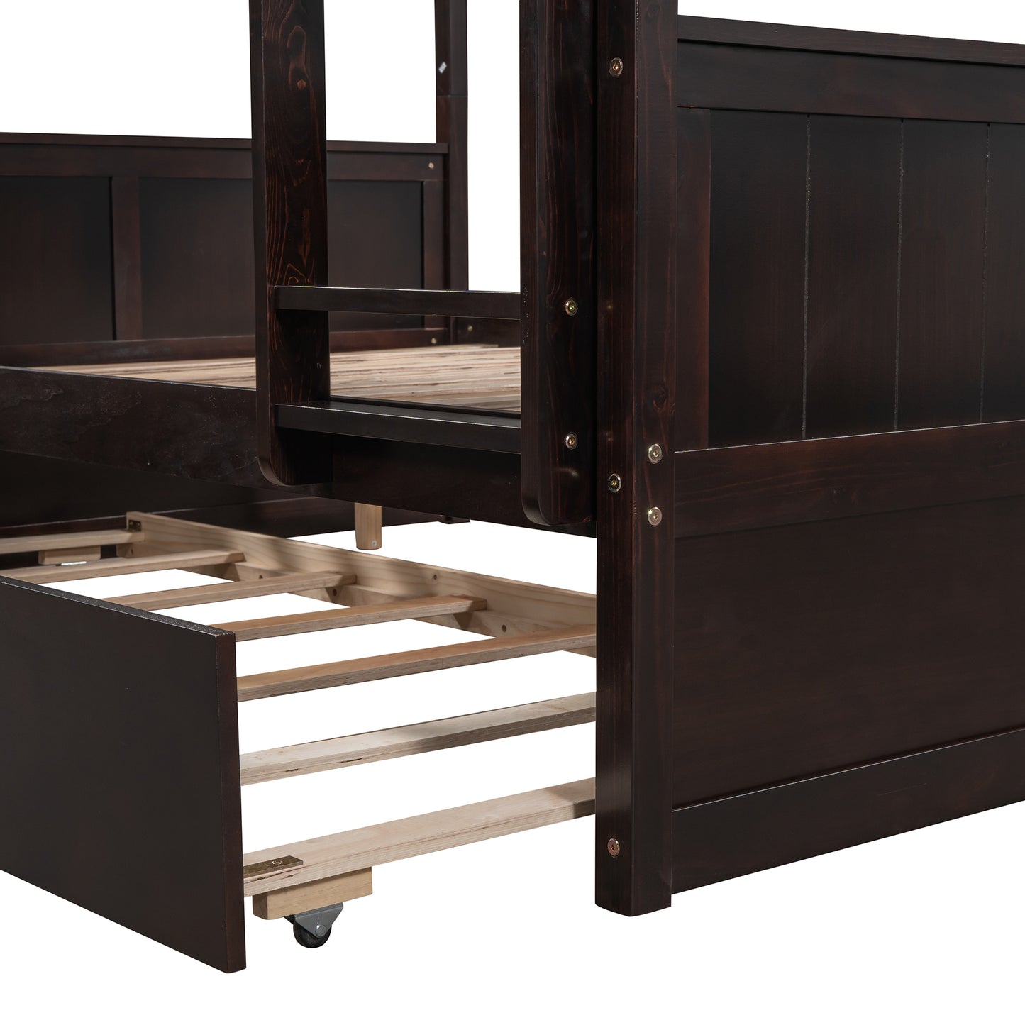Dark brown wooden bunk bed frame with trundle drawer extended