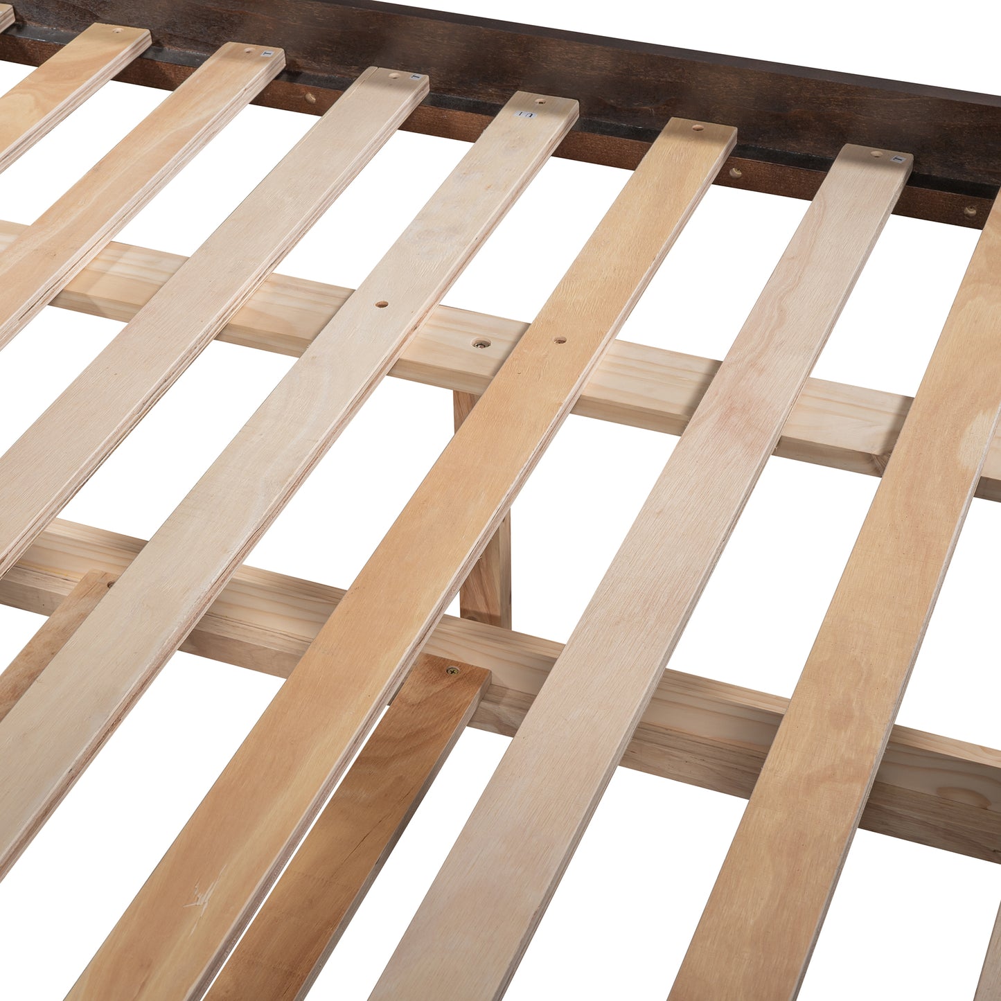 Wooden bed frame slats with dark brown wood support