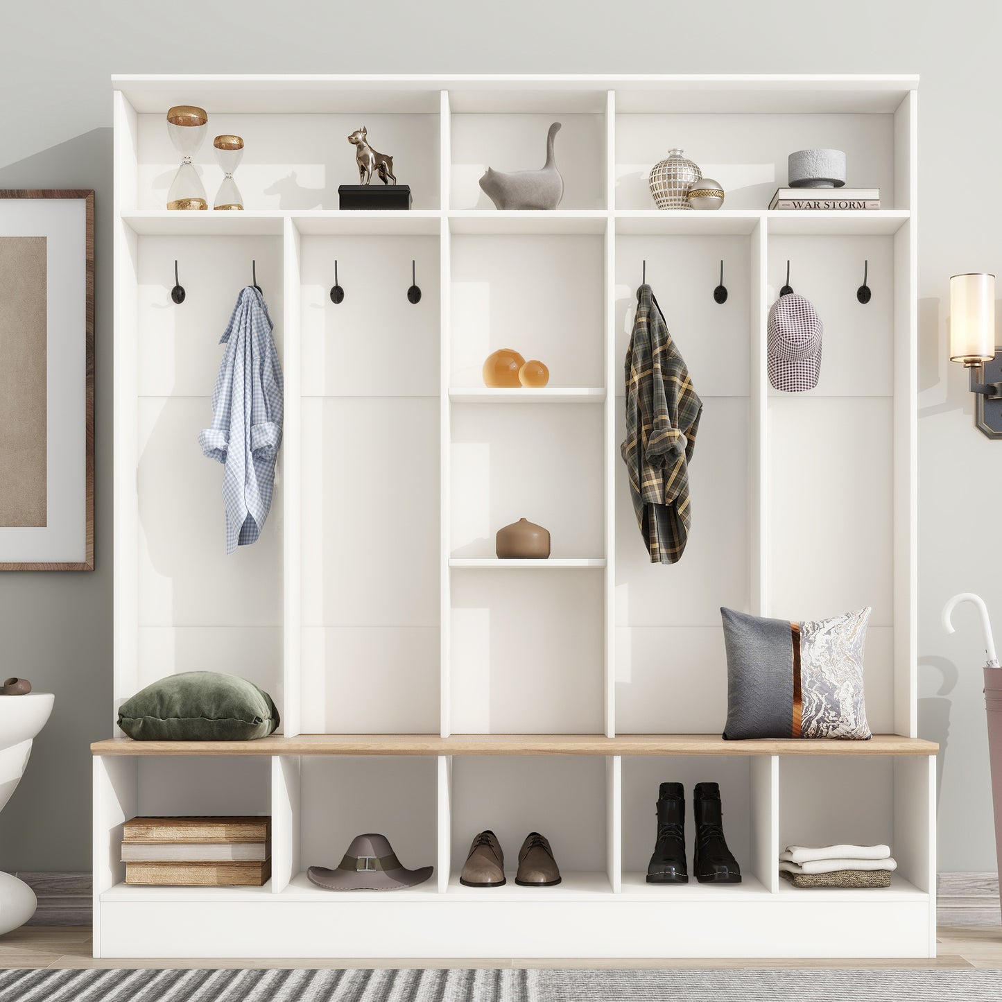 White entryway bench with oak wood seat and multiple cubbies