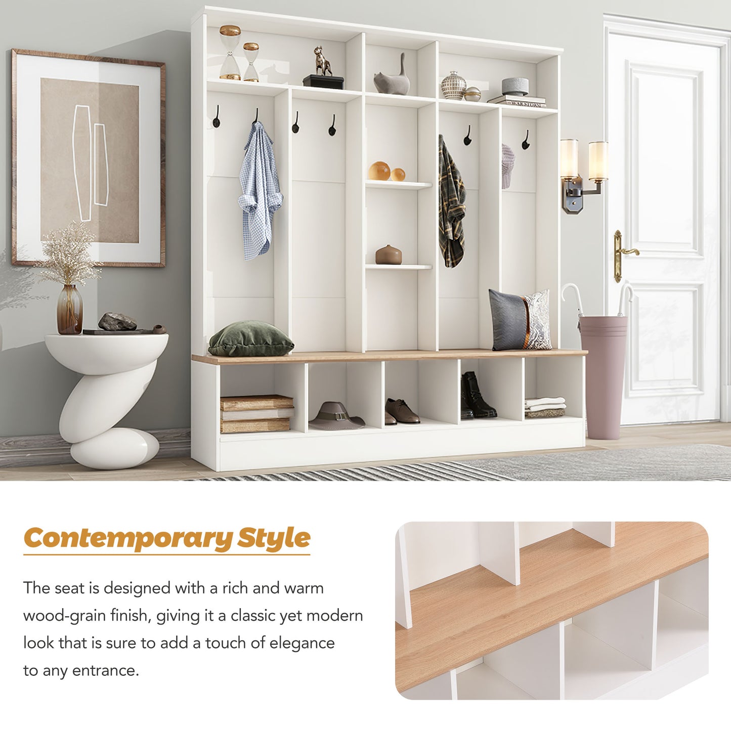 White hall tree with wood grain seat and multiple cubbies